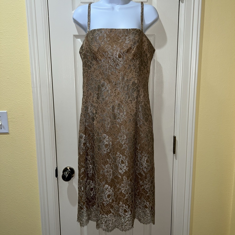 Vtg Pianoforte Max Mara Gold Floral Lace Dress Sz 12 Made Italy Formal Old Money